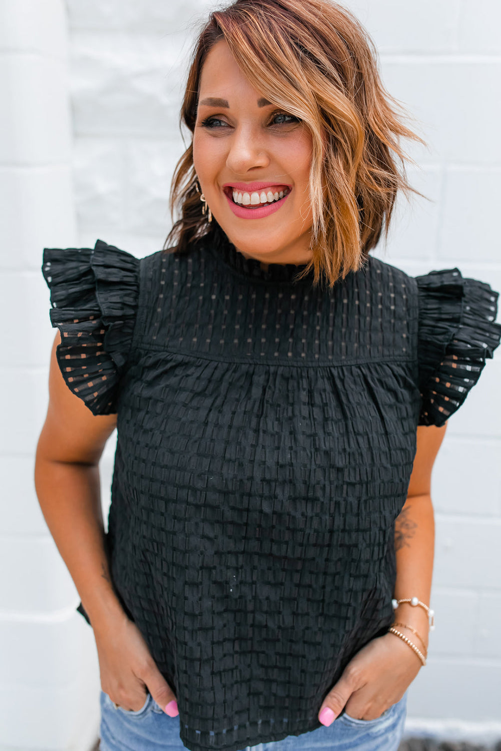 Black Frilled Neck Ruffle Textured Blouse