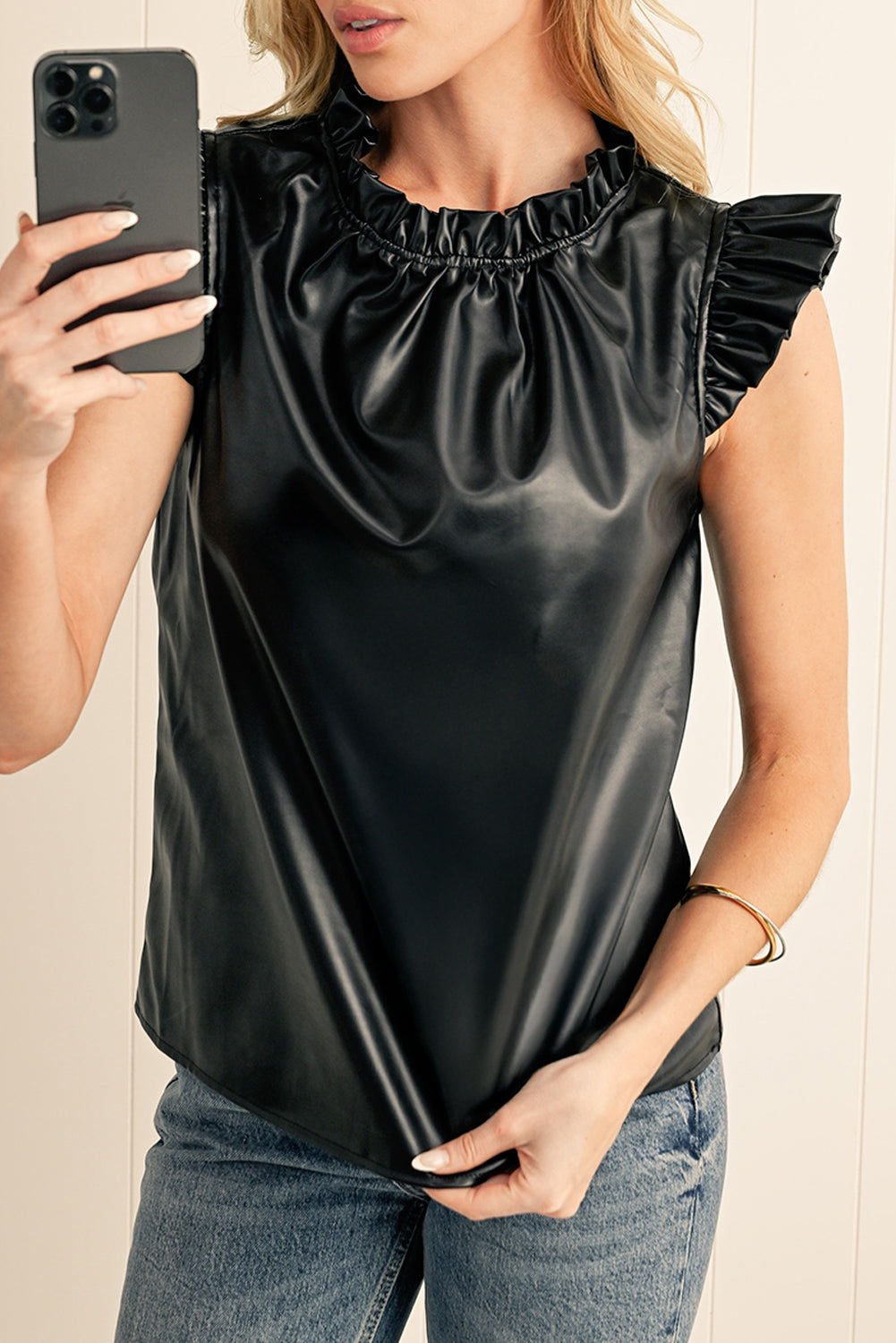 Black Solid Color Leather Frill Neck Ruffle Blouse