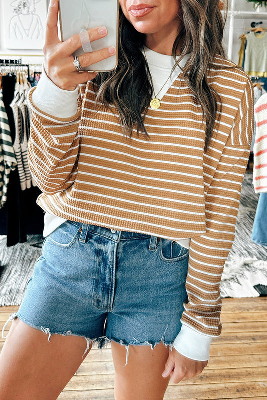 Khaki Striped Textured Round Neck Long Sleeve Top