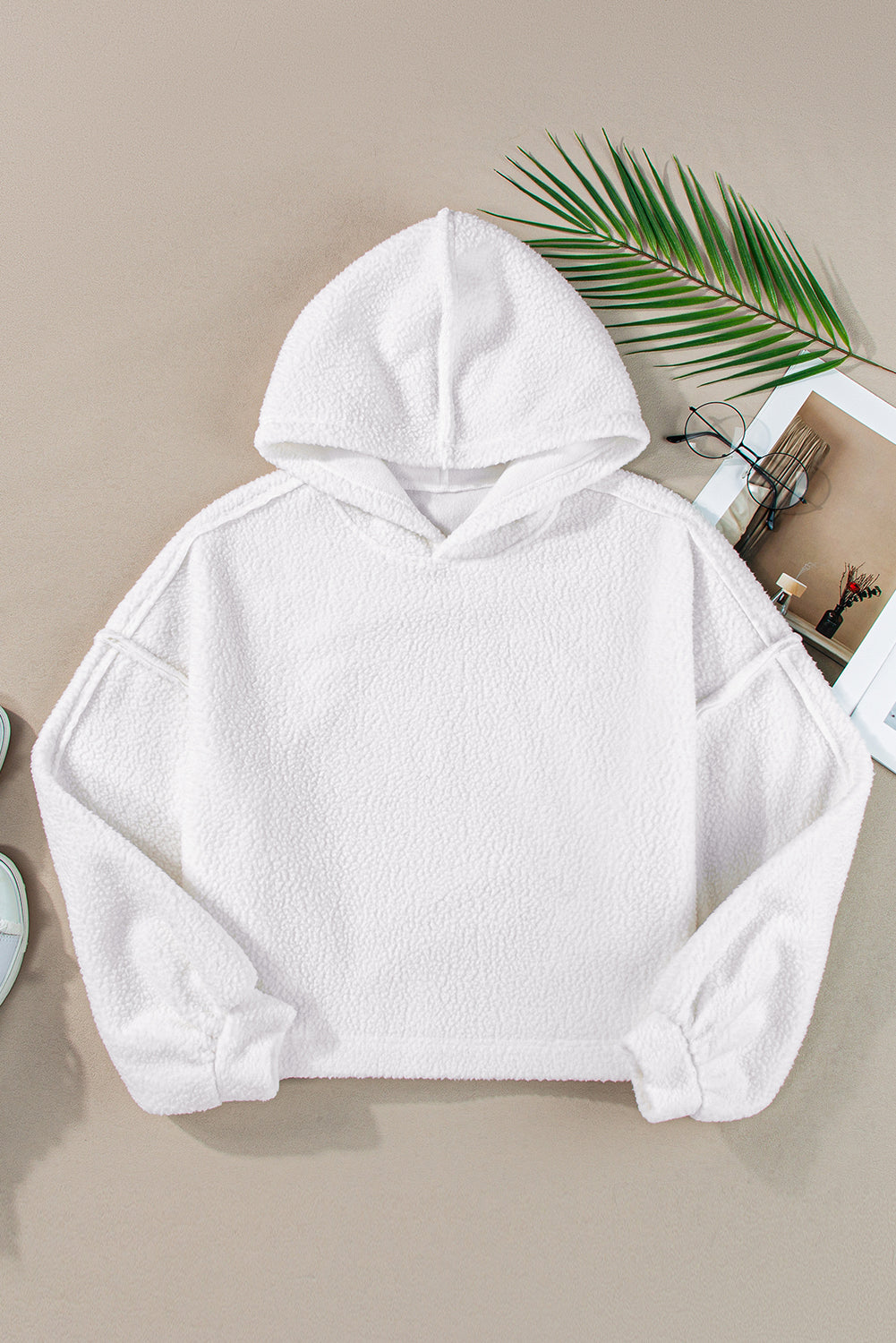 White Sherpa Fleece Drop Shoulder Hoodie