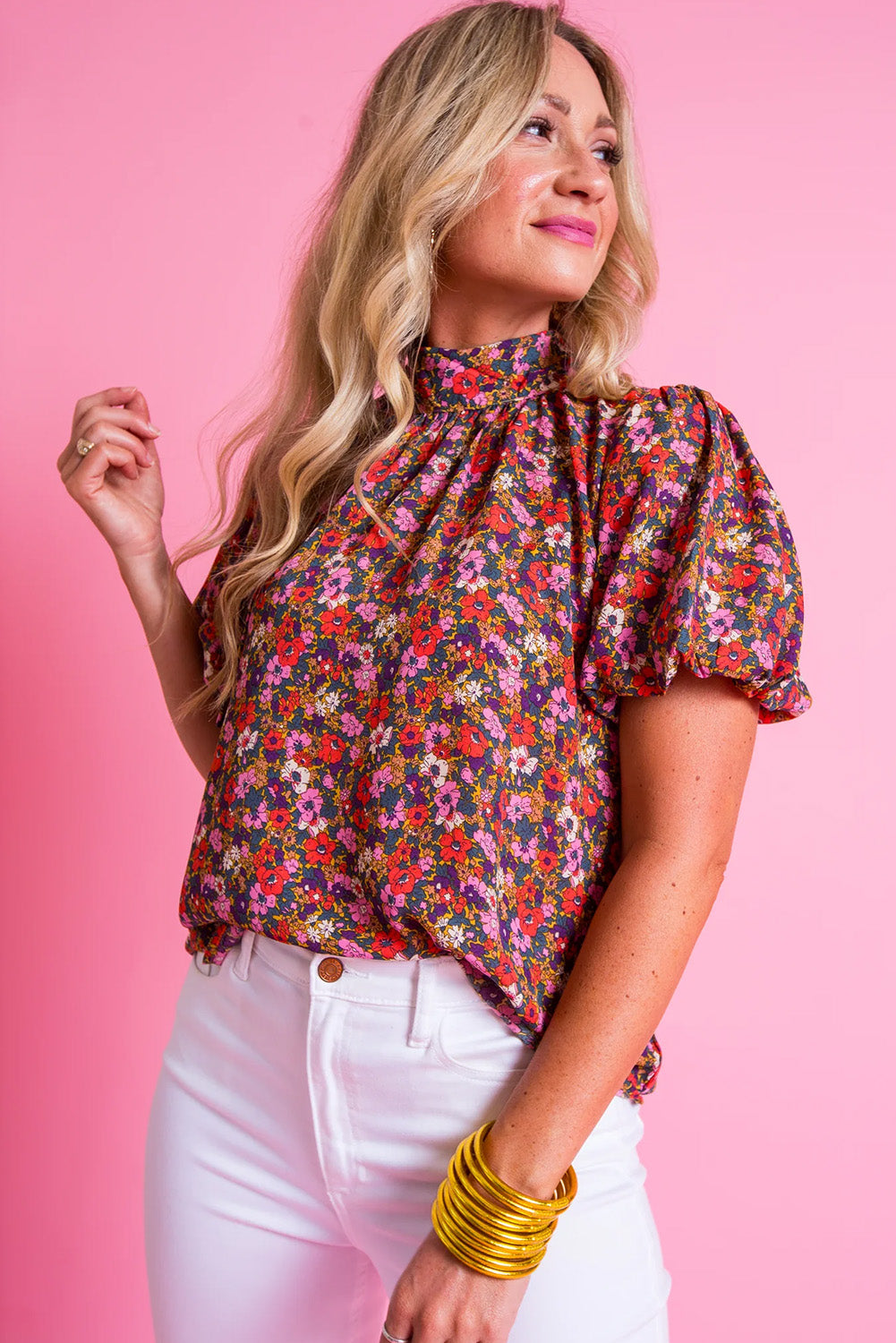 Purple Boho Floral Print Mock Neck Puff Sleeve Blouse