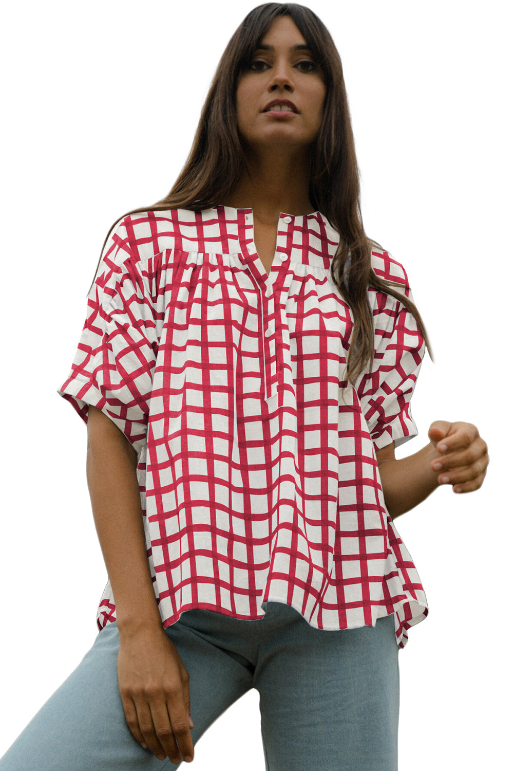 Red Plaid Button Neck Pleated Blouse