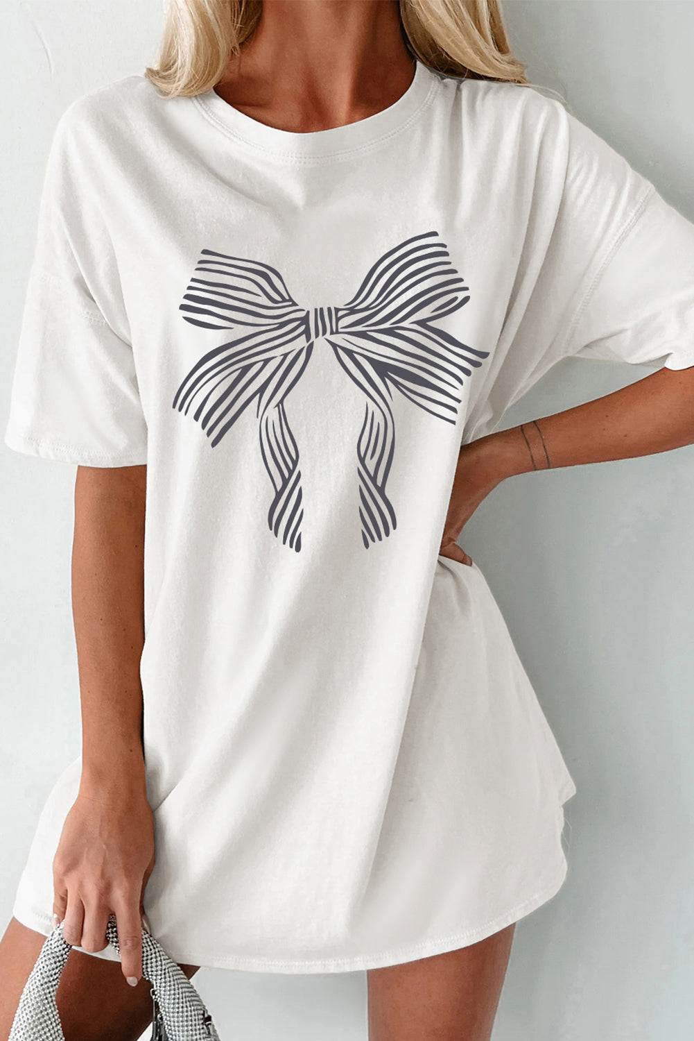 White Striped Bow Knot Graphic Tunic T Shirt