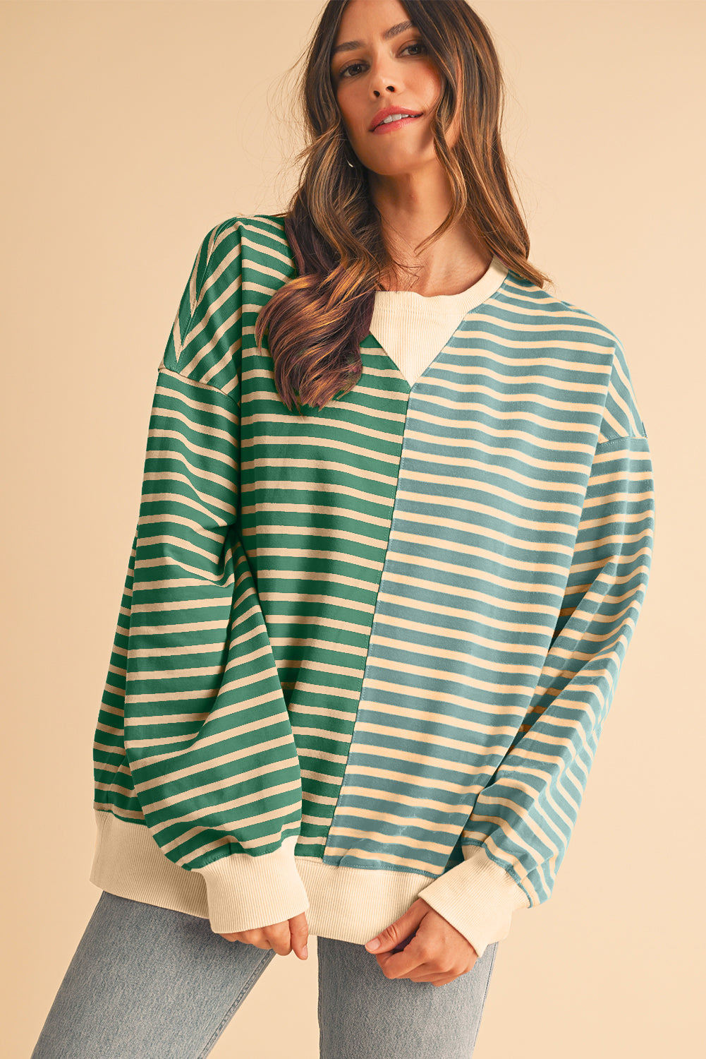 Green Stripe Colorblock Drop Shoulder Oversized Sweatshirt