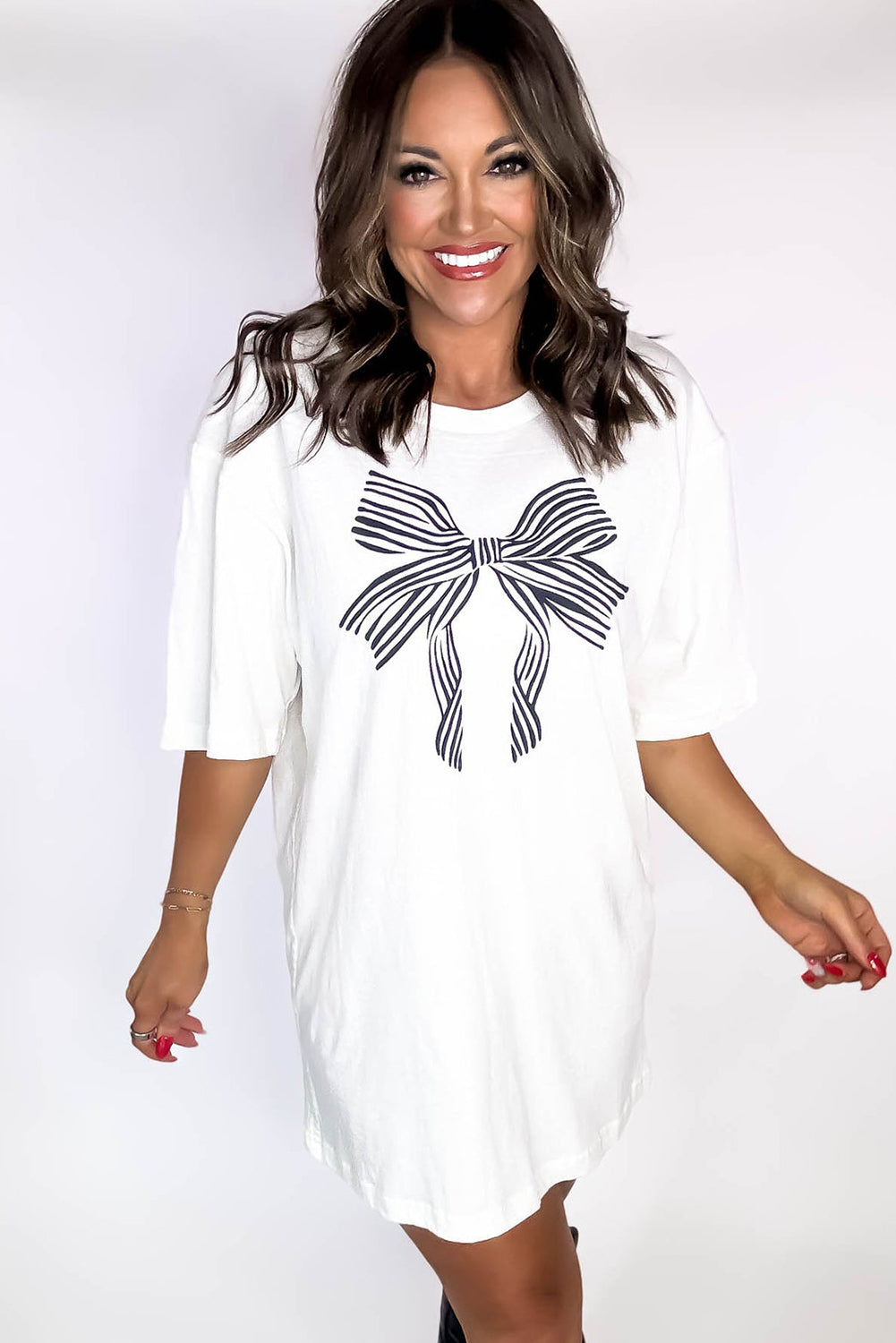 White Striped Bow Knot Graphic Tunic T Shirt