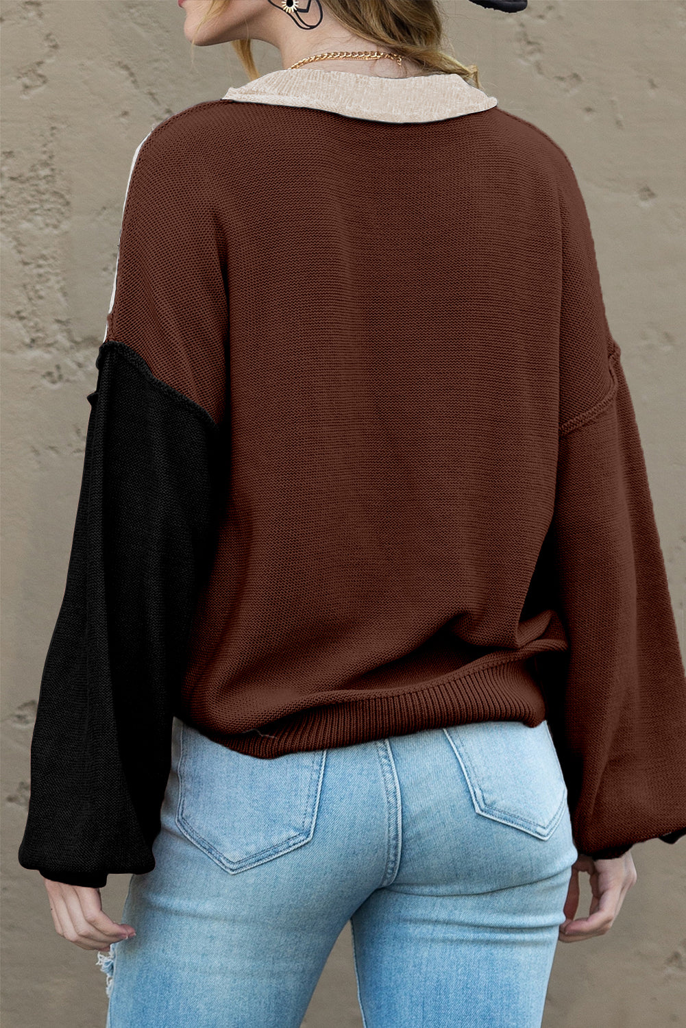 Brown Colorblock Bishop Sleeve Exposed Seam Ribbed Trim Sweater