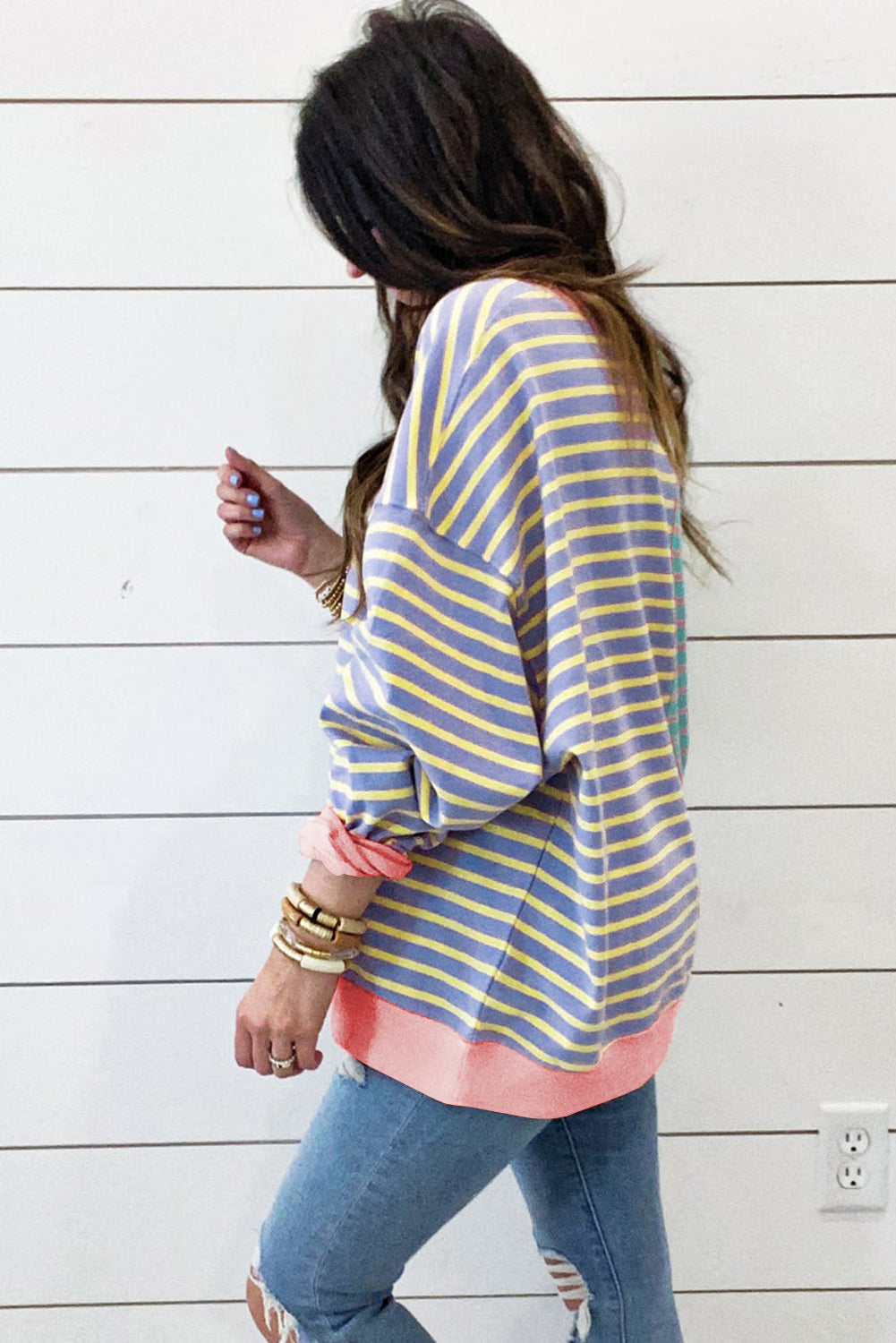 Sky Blue Stripe Colorblock Drop Shoulder Oversize Sweatshirt