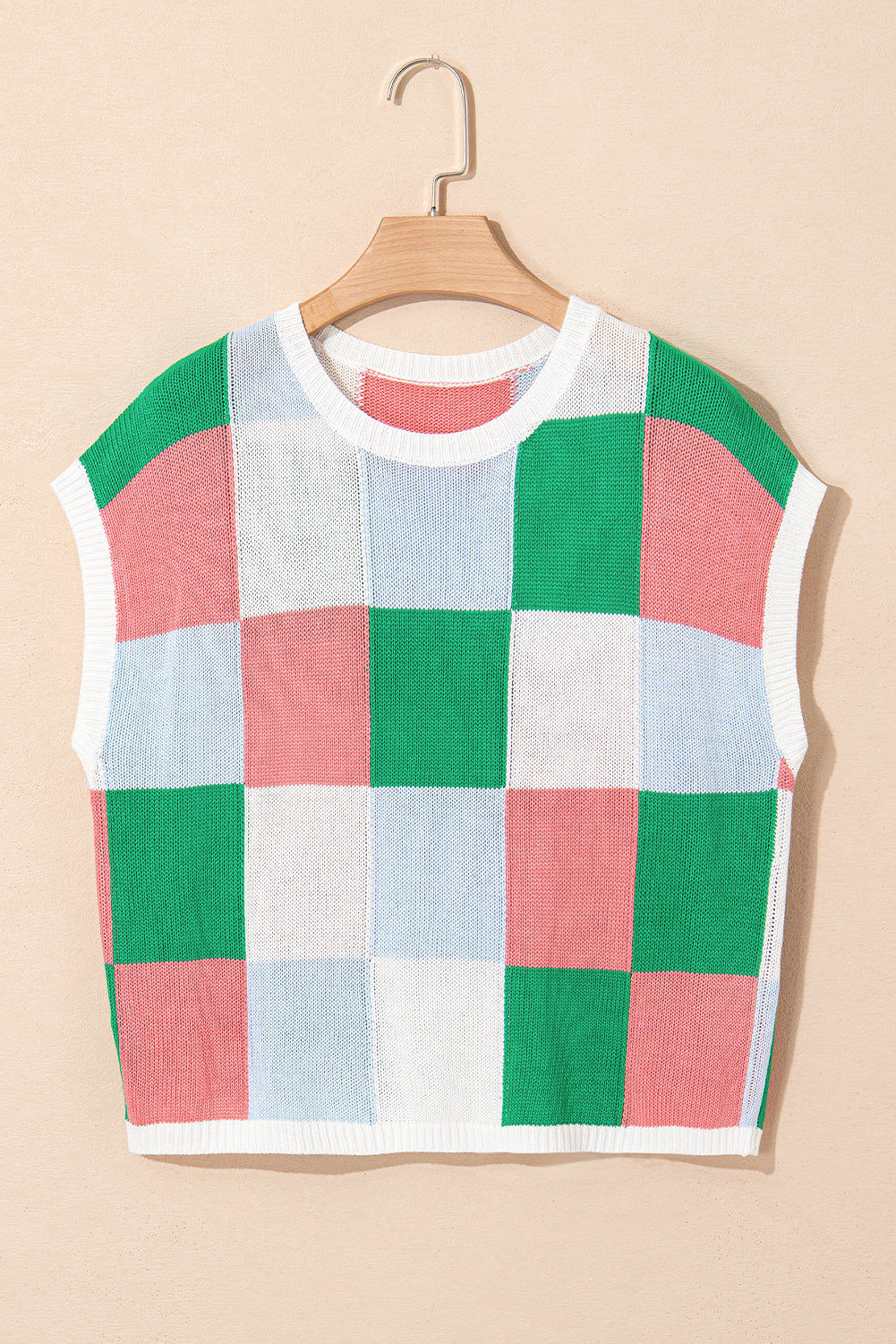 Dark Green Checkered Color Block Cap Sleeve Knitted Top