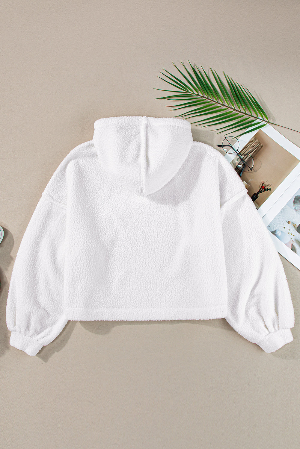 White Sherpa Fleece Drop Shoulder Hoodie