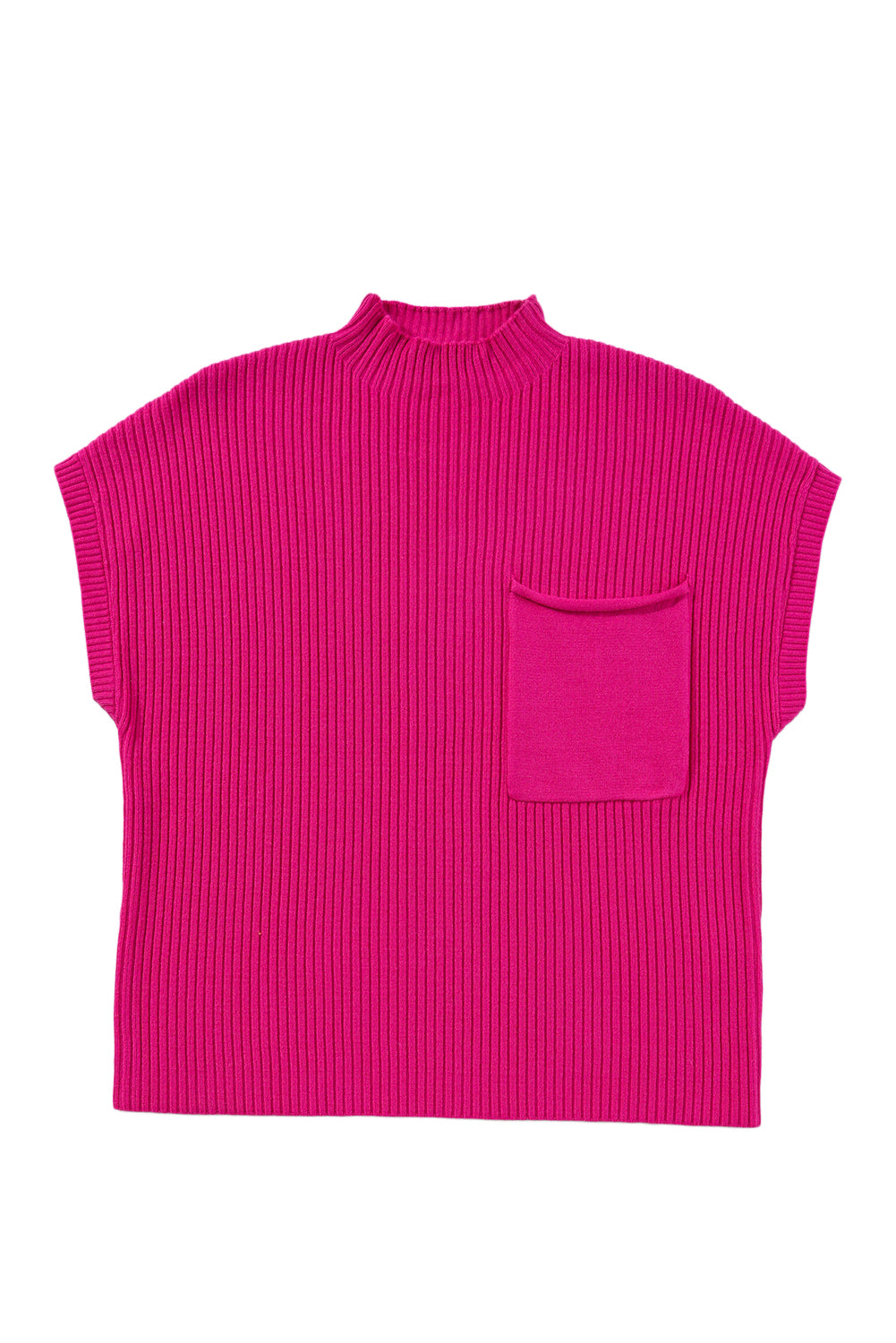 Rose Red Patch Pocket Ribbed Knit Short Sleeve Sweater