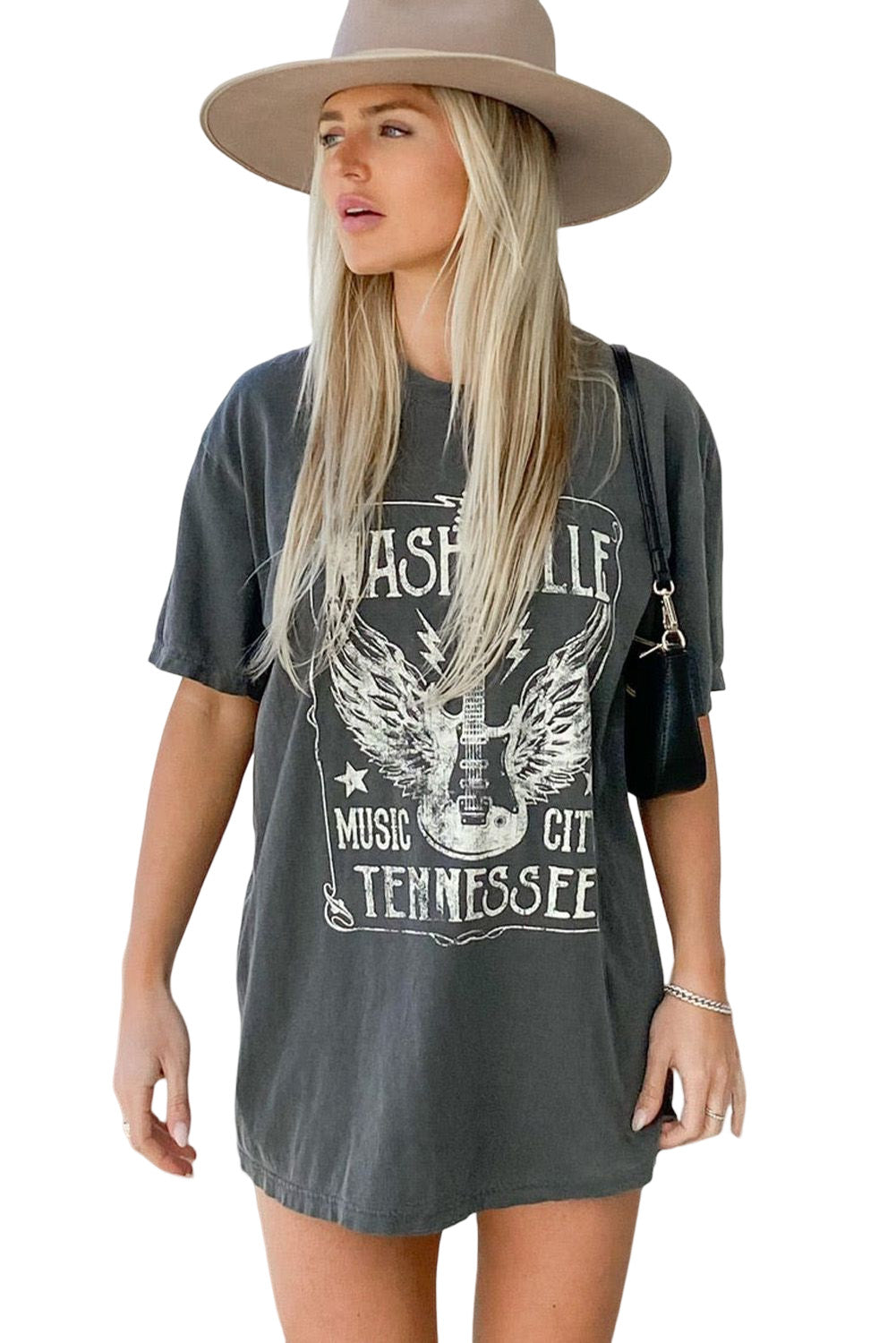 Grey Guitar Print Graphic Oversized Band Tee