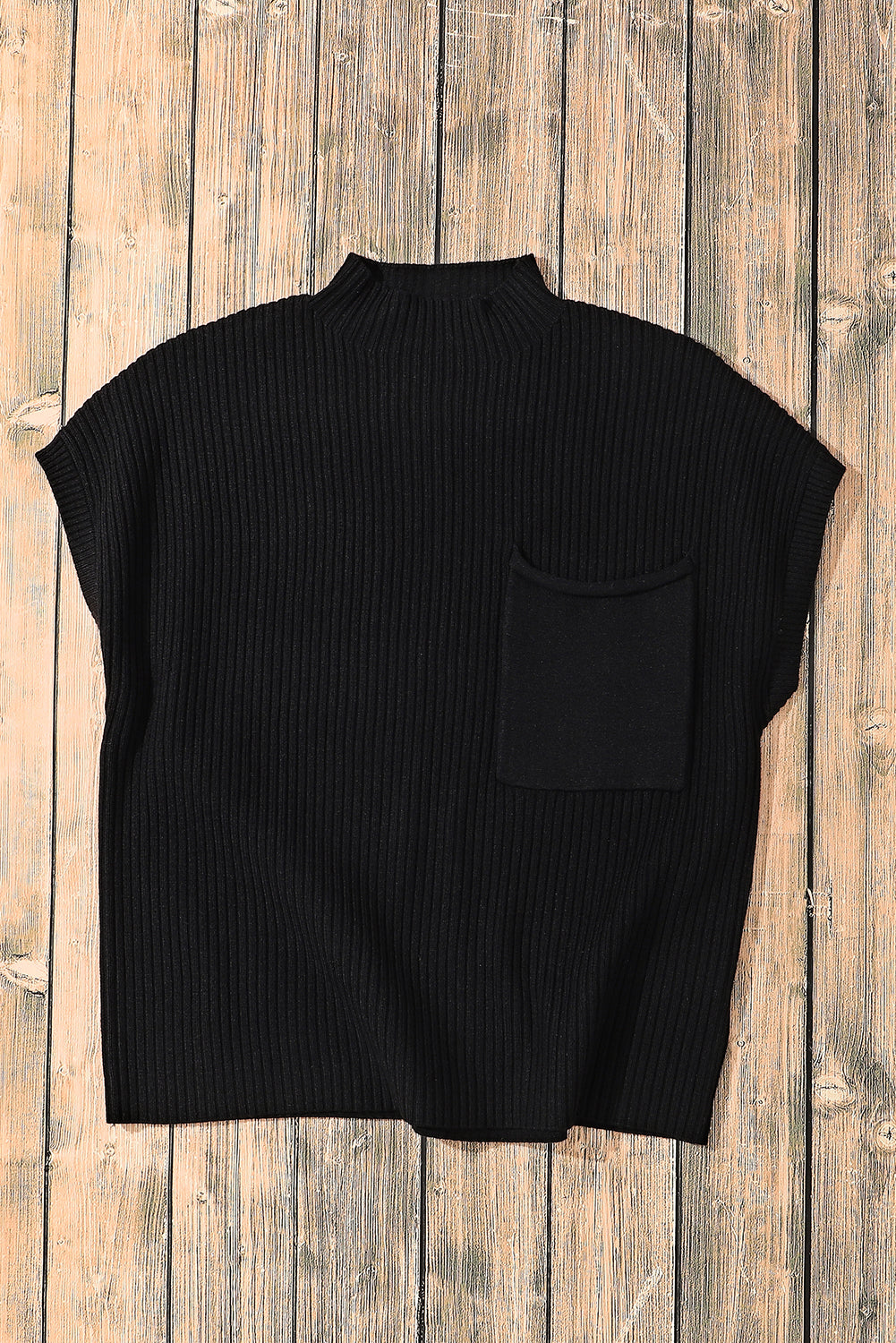 Black Patch Pocket Ribbed Knit Short Sleeve Sweater