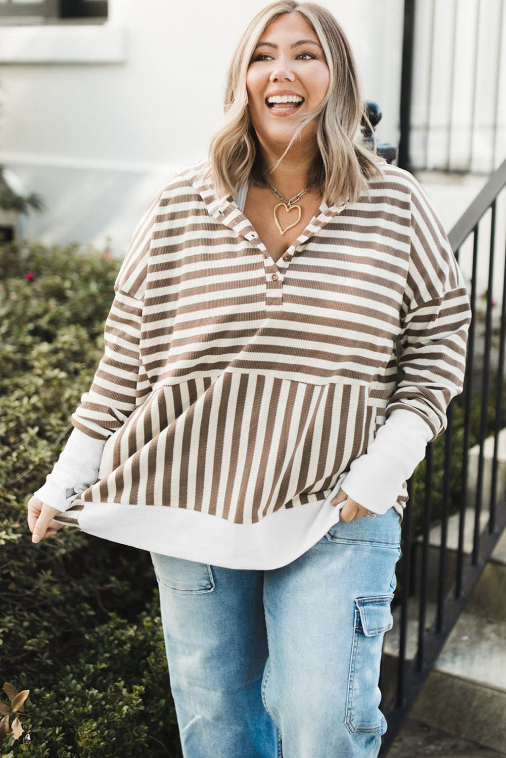 Brown Stripe Drop Sleeve Plus Size Henley Hoodie