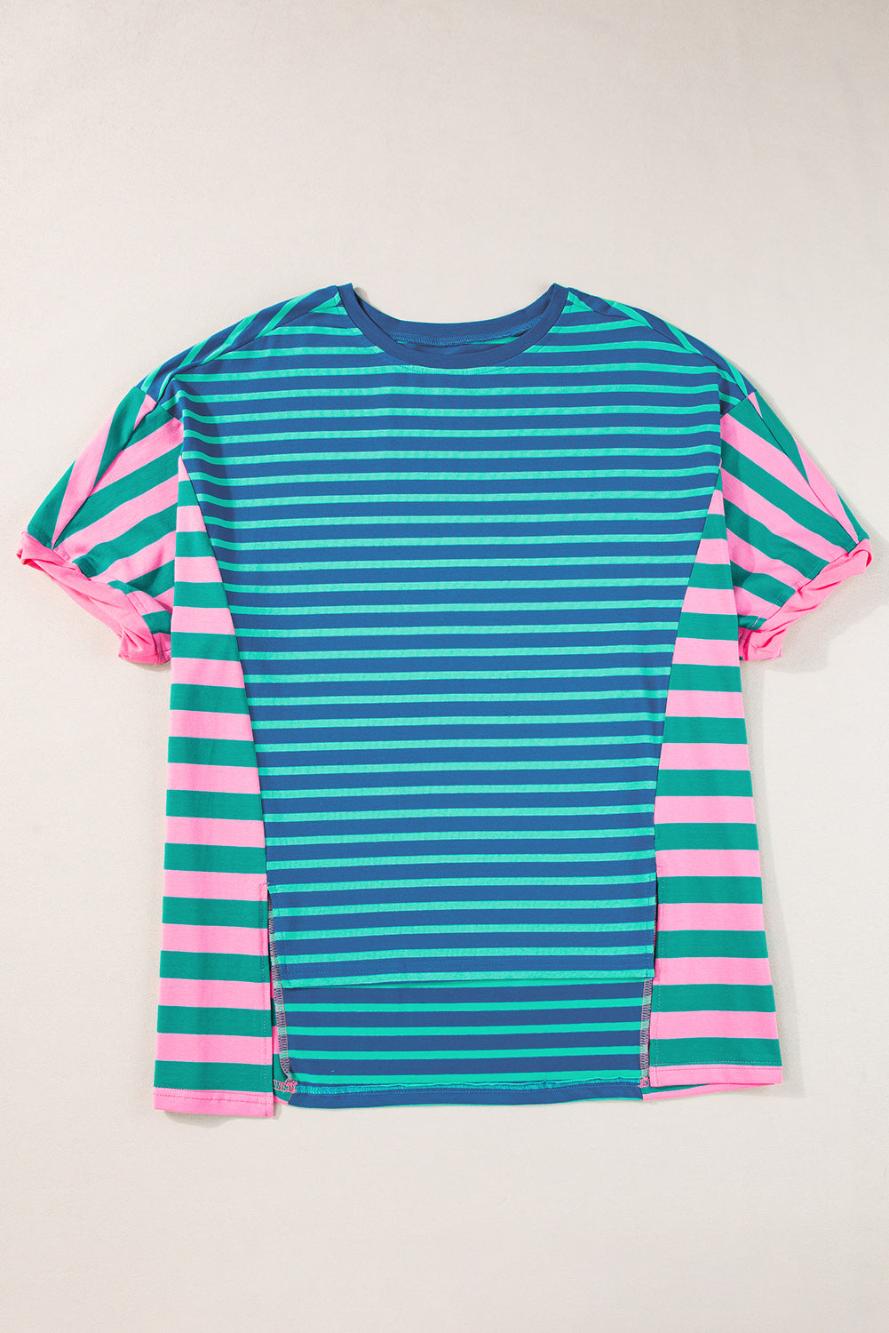 Blue Stripe Patchwork Slits Baggy T Shirt