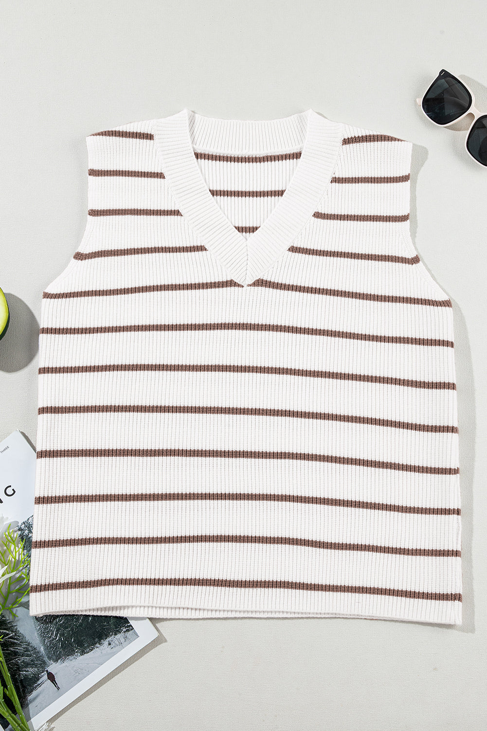 Khaki Stripe V Neck Loose Knitted Vest