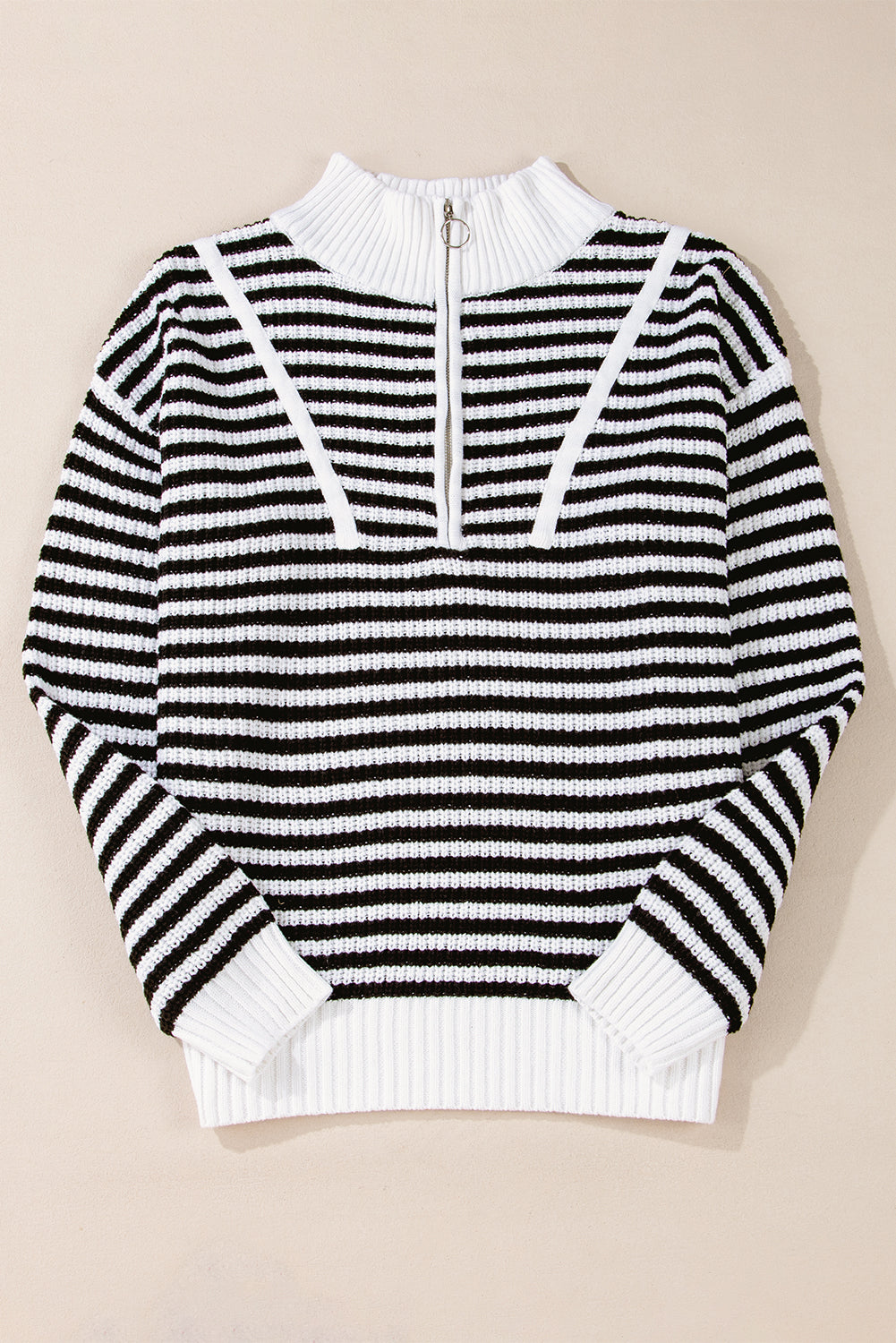 Black Stripe Zip Up Collar Drop Sleeve Sweater