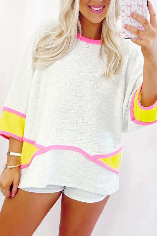 White Colorblock 3/4 Sleeve Relaxed Top