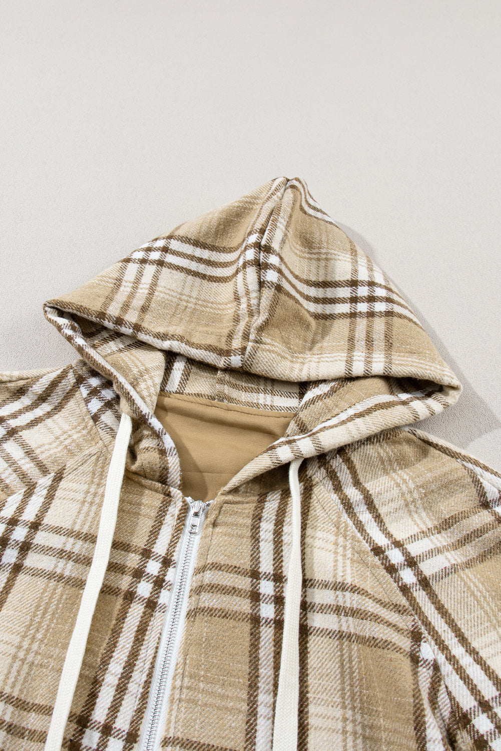 Khaki Plaid Kangaroo Pocket Zipped Hoodie