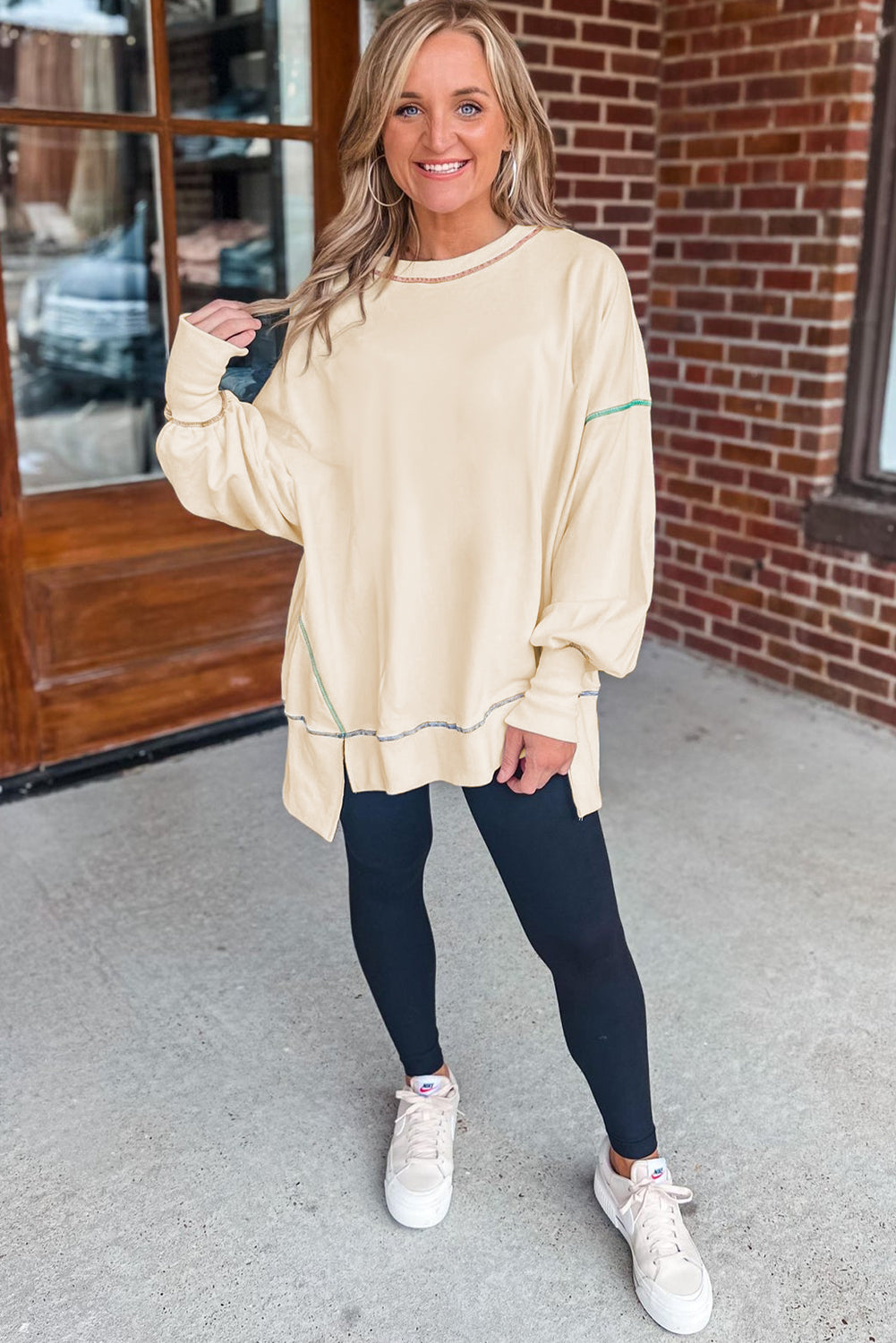 White Contrast Stitching Split Oversized Sweatshirt