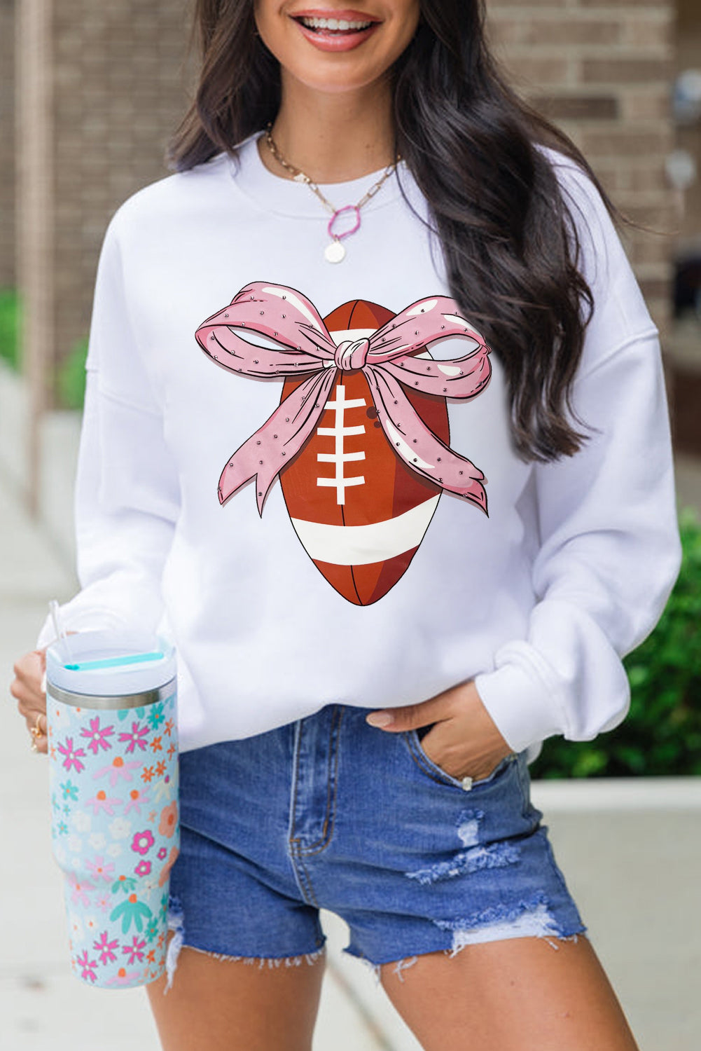 Beige Casual Game Day Bow Print Graphic Sweatshirt