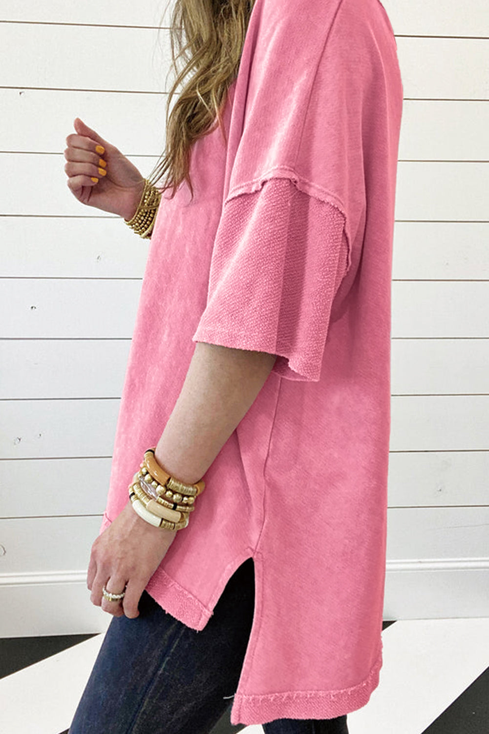 Strawberry Pink Mineral Wash Exposed Seam Drop Shoulder Oversized Tee