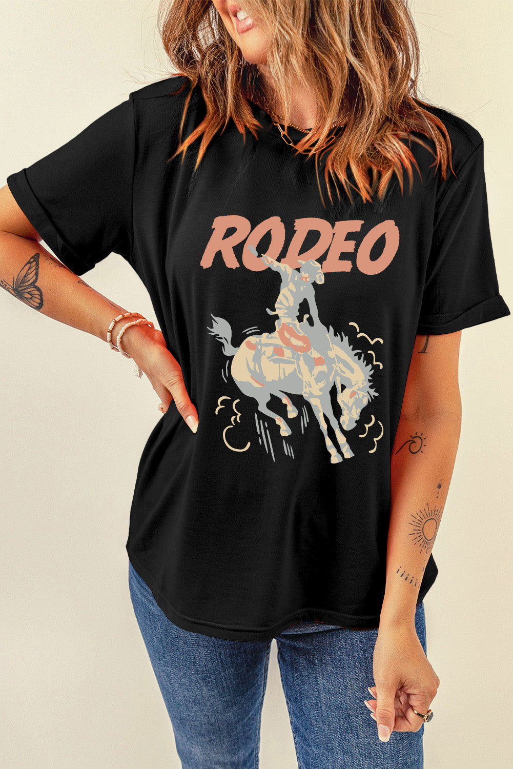 Black RODEO Horse Graphic Crewneck T Shirt