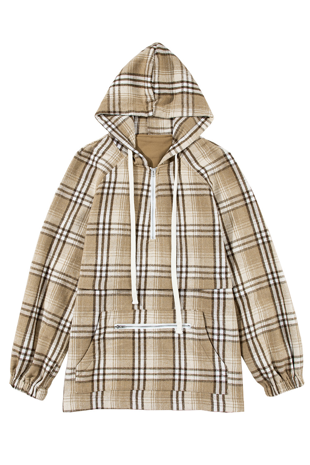 Khaki Plaid Kangaroo Pocket Zipped Hoodie