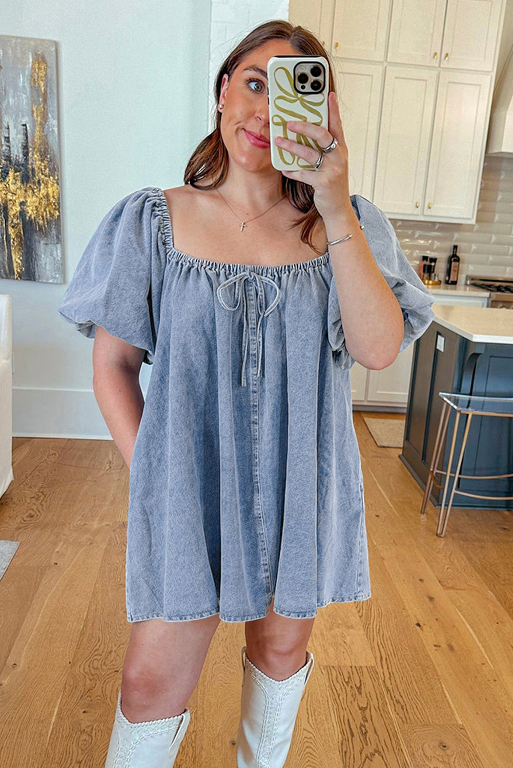 Myosotis Bubble Sleeve Square Neck Denim Babydoll Dress