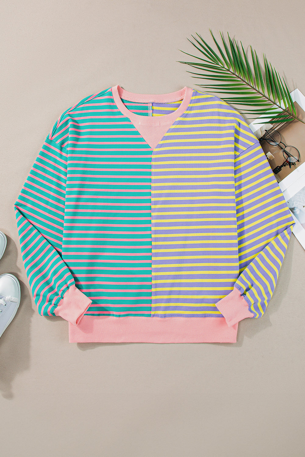 Sky Blue Stripe Colorblock Drop Shoulder Oversize Sweatshirt