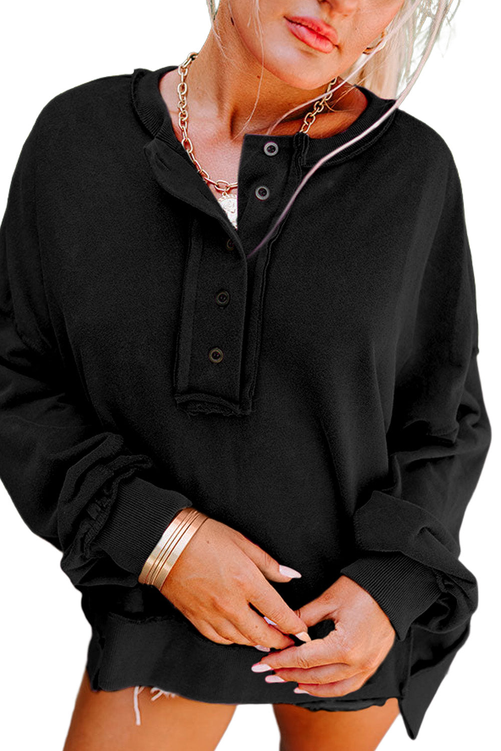 Black Slouchy Drop Shoulder Henley Sweatshirt