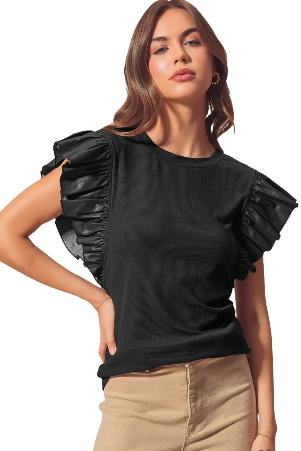 Black Leather Ruffle Shoulder Plain Blouse