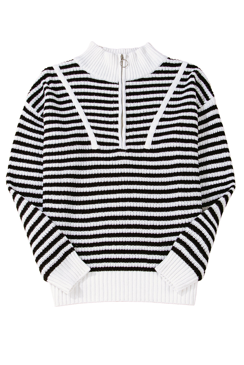 Black Stripe Zip Up Collar Drop Sleeve Sweater