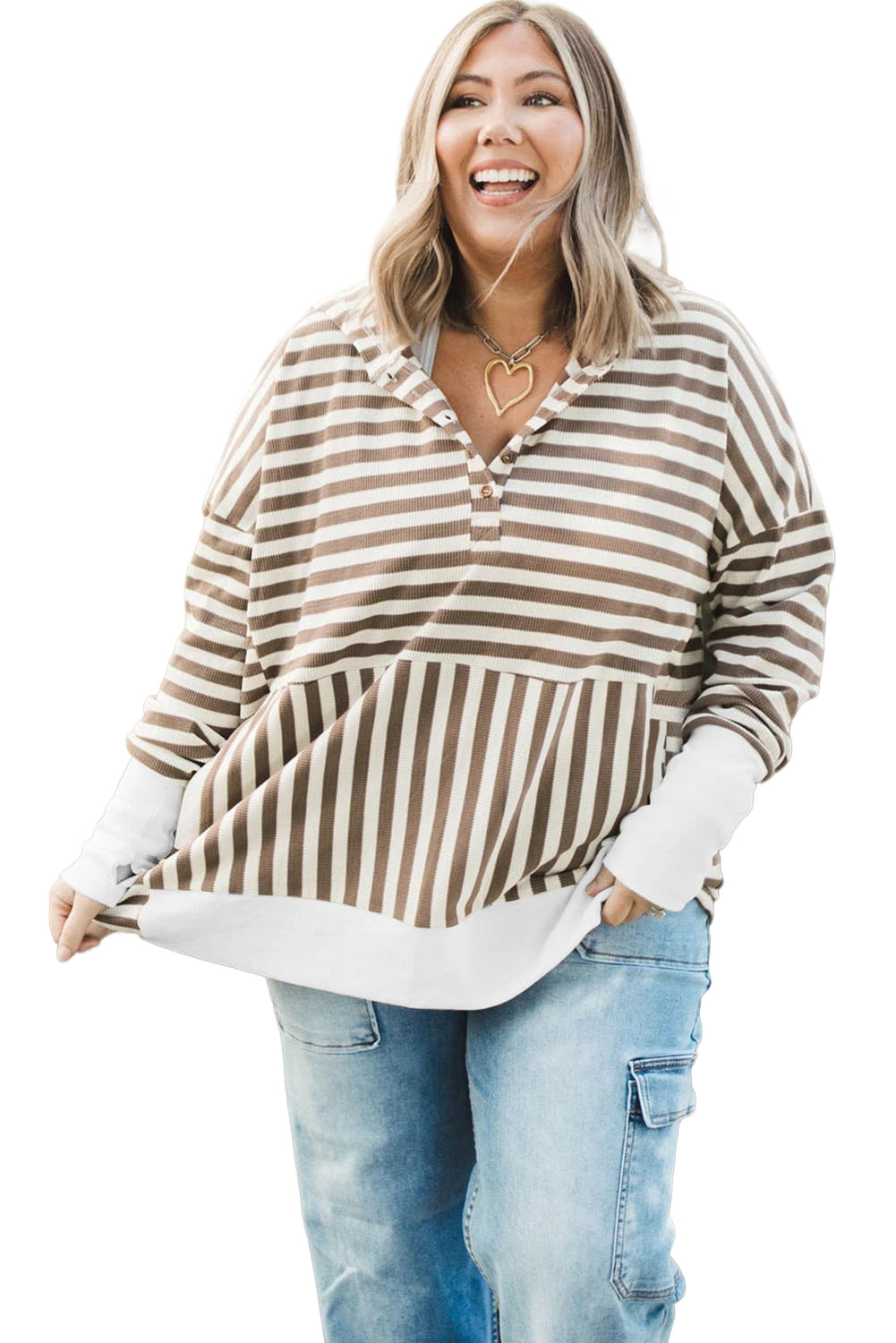 Brown Stripe Drop Sleeve Plus Size Henley Hoodie