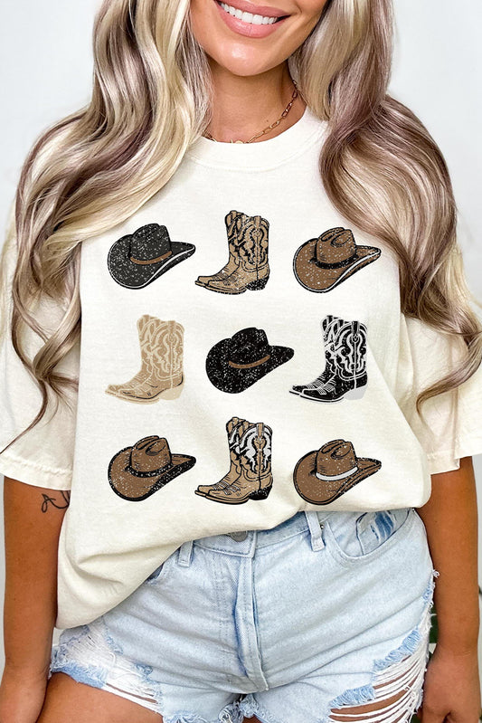 White Cowboys Boots Western Print Round Neck T Shirt