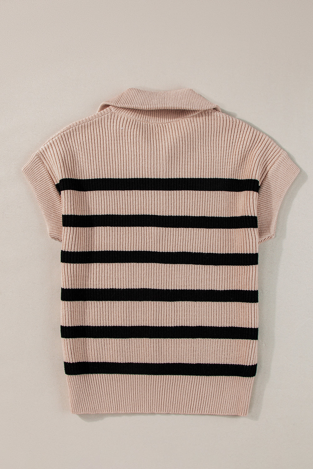 Khaki Stripe Zipped Collar Short Sleeve Knitted Top