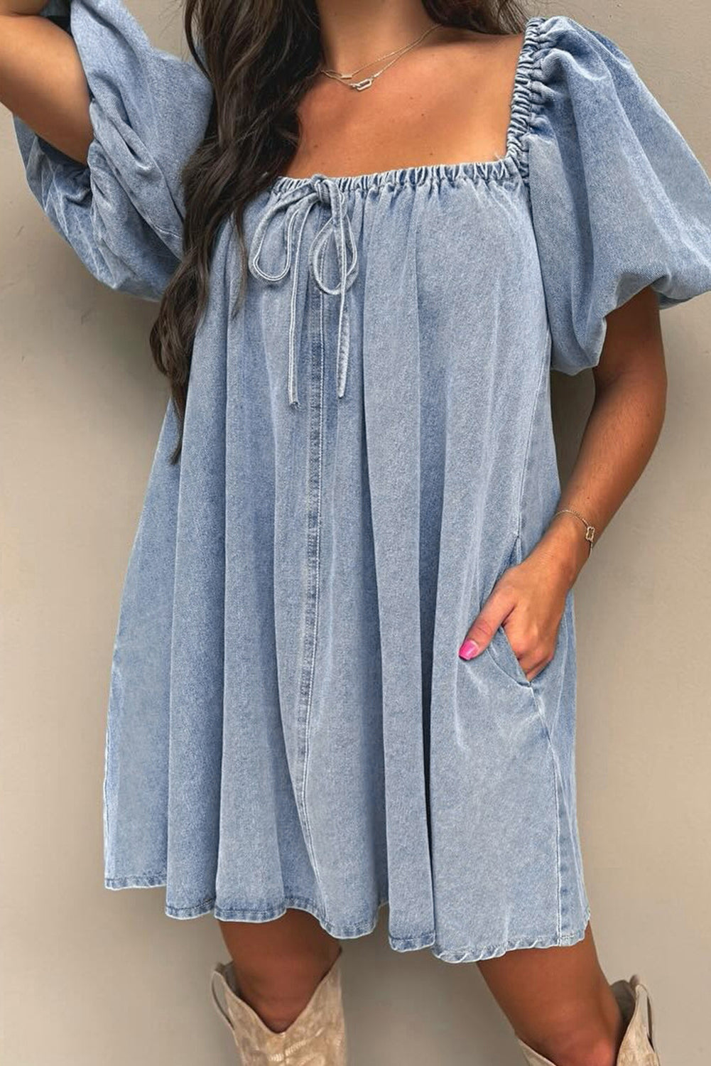 Myosotis Bubble Sleeve Square Neck Denim Babydoll Dress