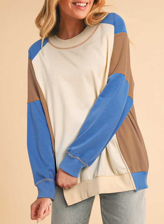 Sky Blue Colorblock Exposed Seam Patchwork Oversized Sweatshirt