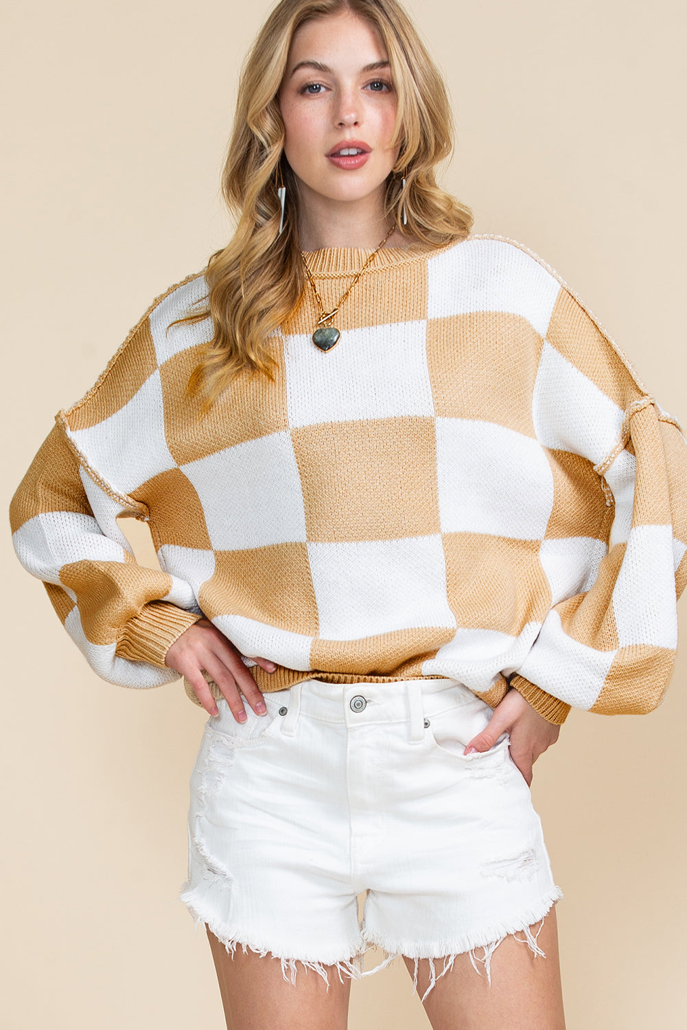 Khaki Plaid Bishop Sleeve Pullover Sweater