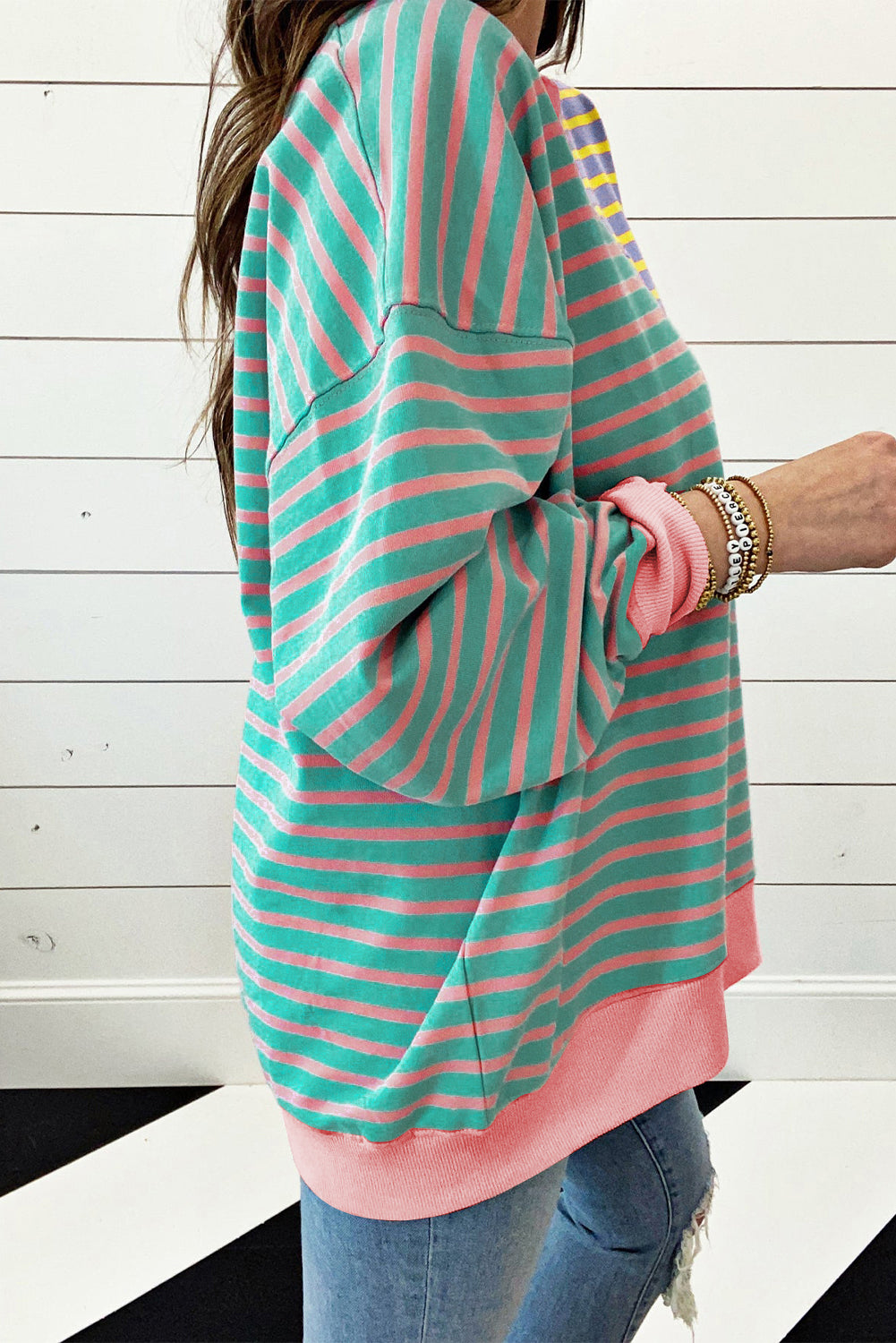 Sky Blue Stripe Colorblock Drop Shoulder Oversize Sweatshirt