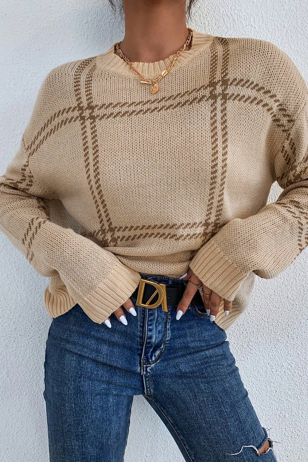 Khaki Plaid Pattern Knitted Drop Shoulder Sweater