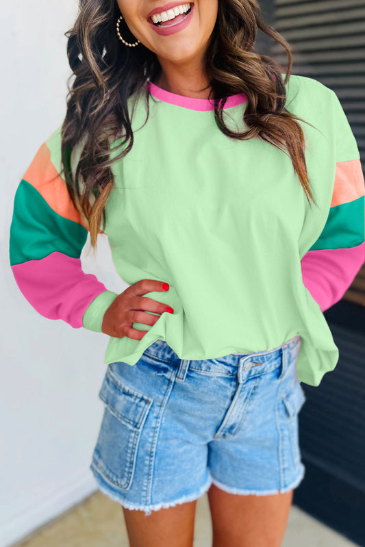 Green Color Block Sleeve Loose Fit Top
