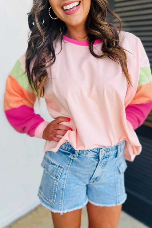 Pink Color Block Sleeve Loose Fit Top