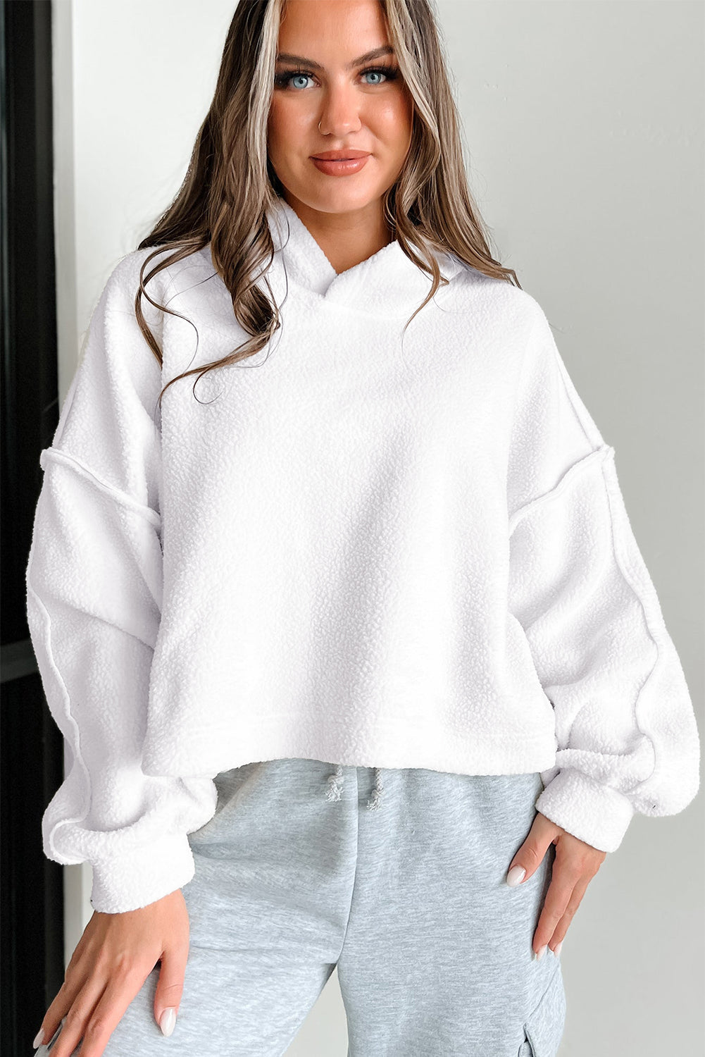 White Sherpa Fleece Drop Shoulder Hoodie