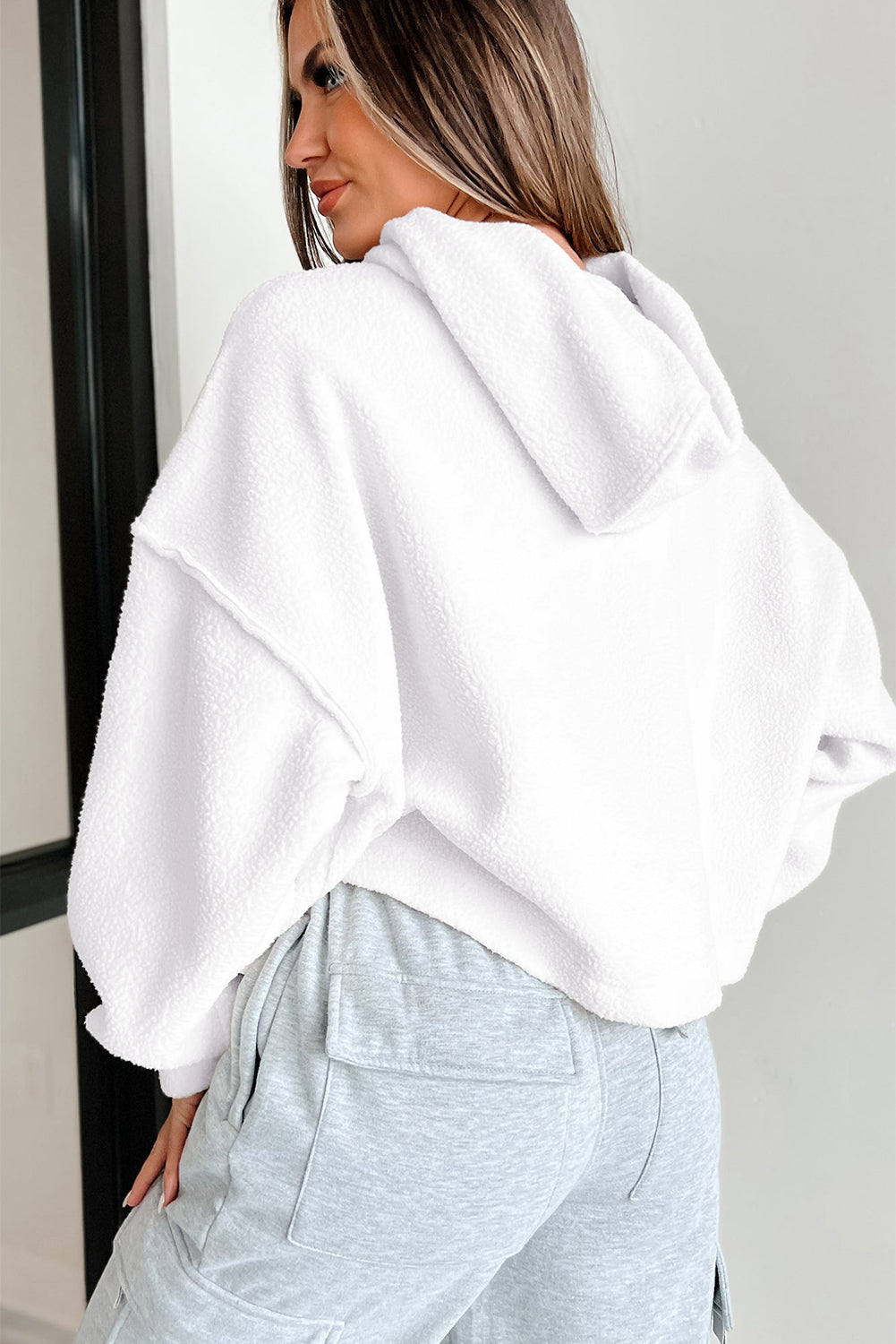 White Sherpa Fleece Drop Shoulder Hoodie