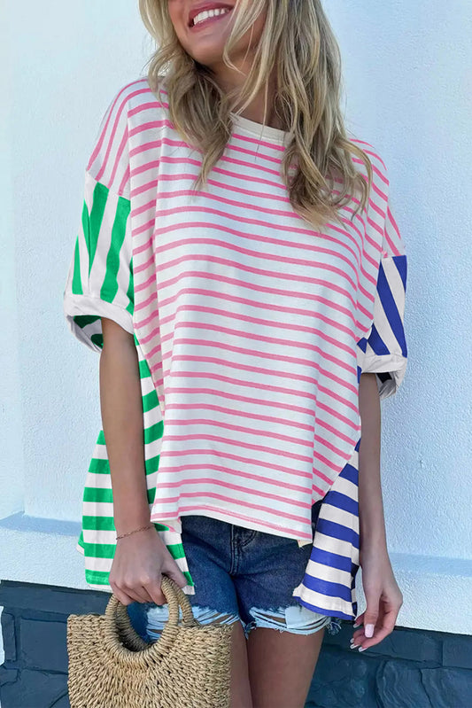 Multicolour Colorblock Stripe Patchwork Baggy T Shirt