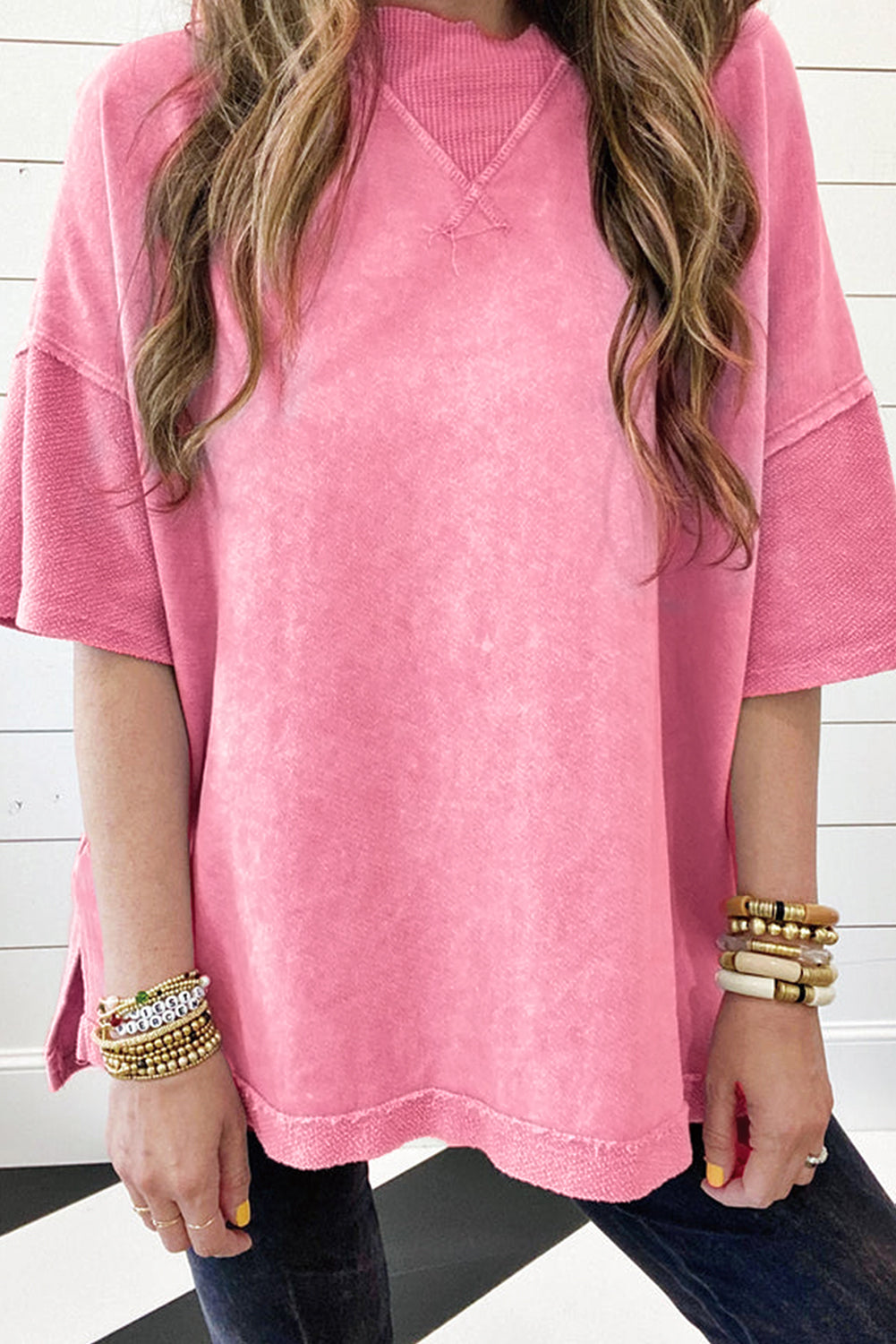 Strawberry Pink Mineral Wash Exposed Seam Drop Shoulder Oversized Tee