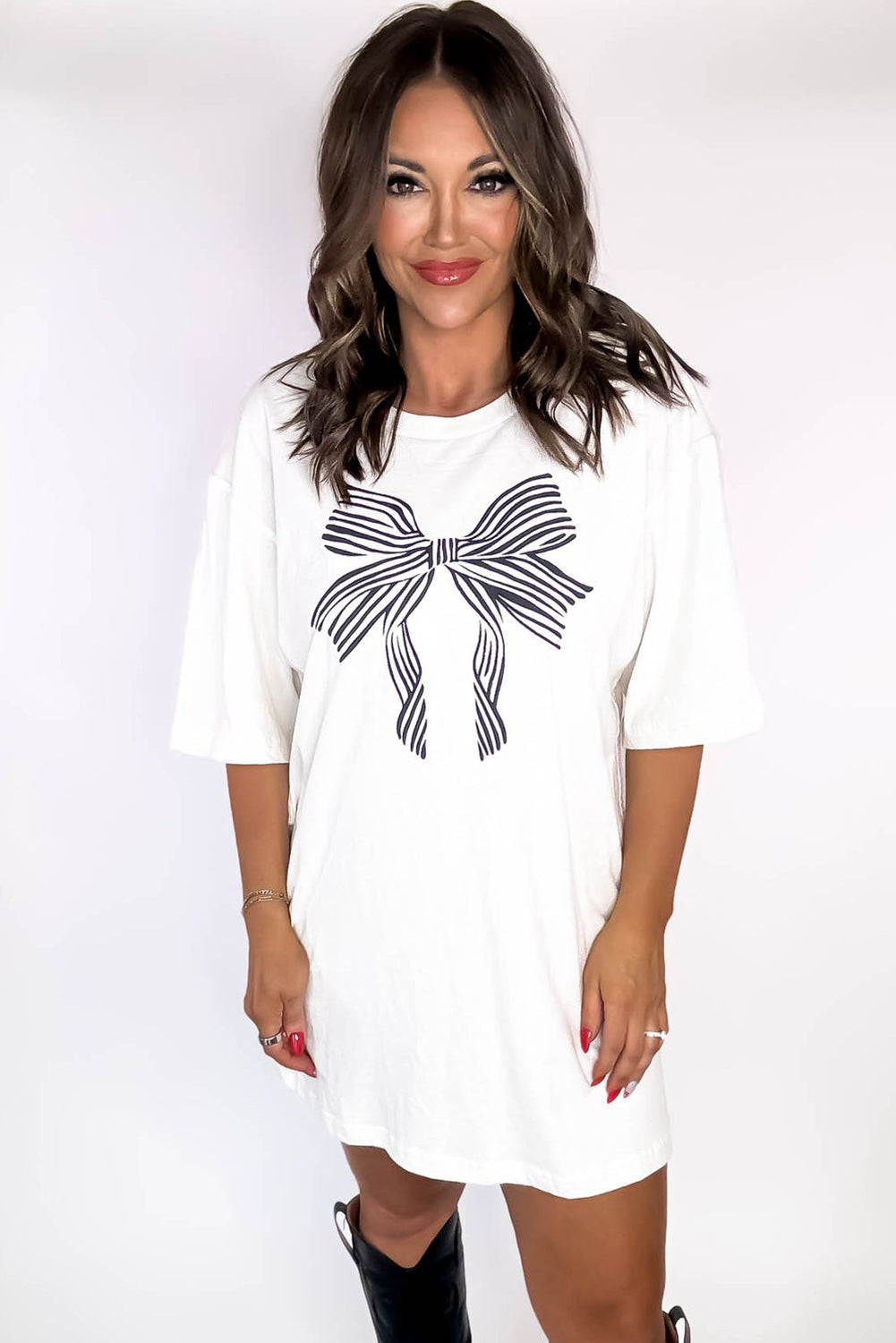 White Striped Bow Knot Graphic Tunic T Shirt