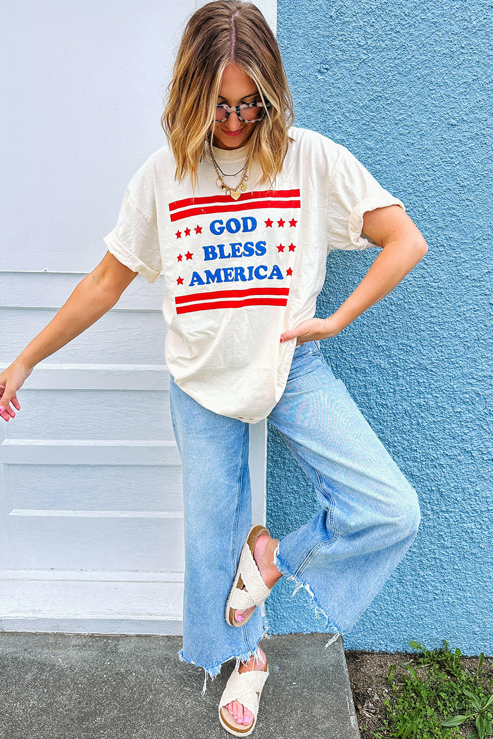 White GOD BLESS AMERICA Star and Stripe Graphic Tee