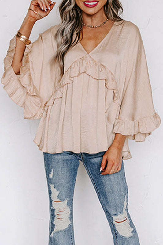 V Neck Draped Batwing Sleeve Ruffle Top