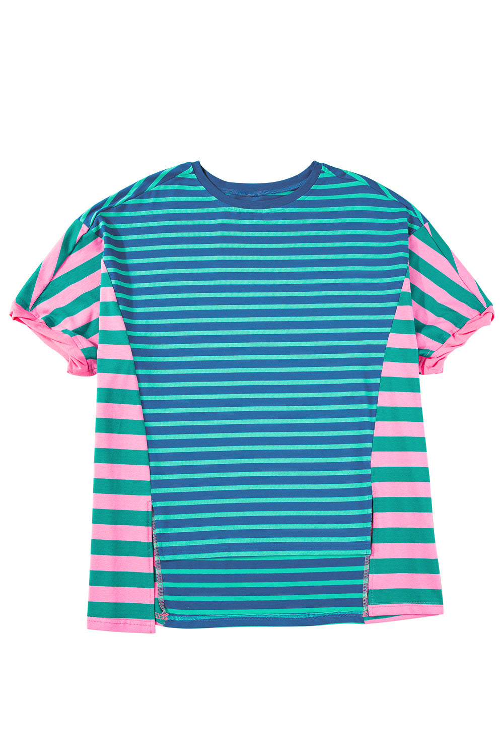 Blue Stripe Patchwork Slits Baggy T Shirt